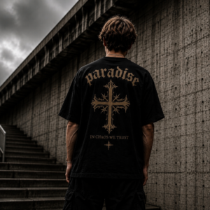 paradise cross tee — "in chaos we trust" gothic graphic t‑shirt